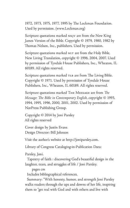 The Publishers Information from Joni Parsley's new book - Tapestry of Faith